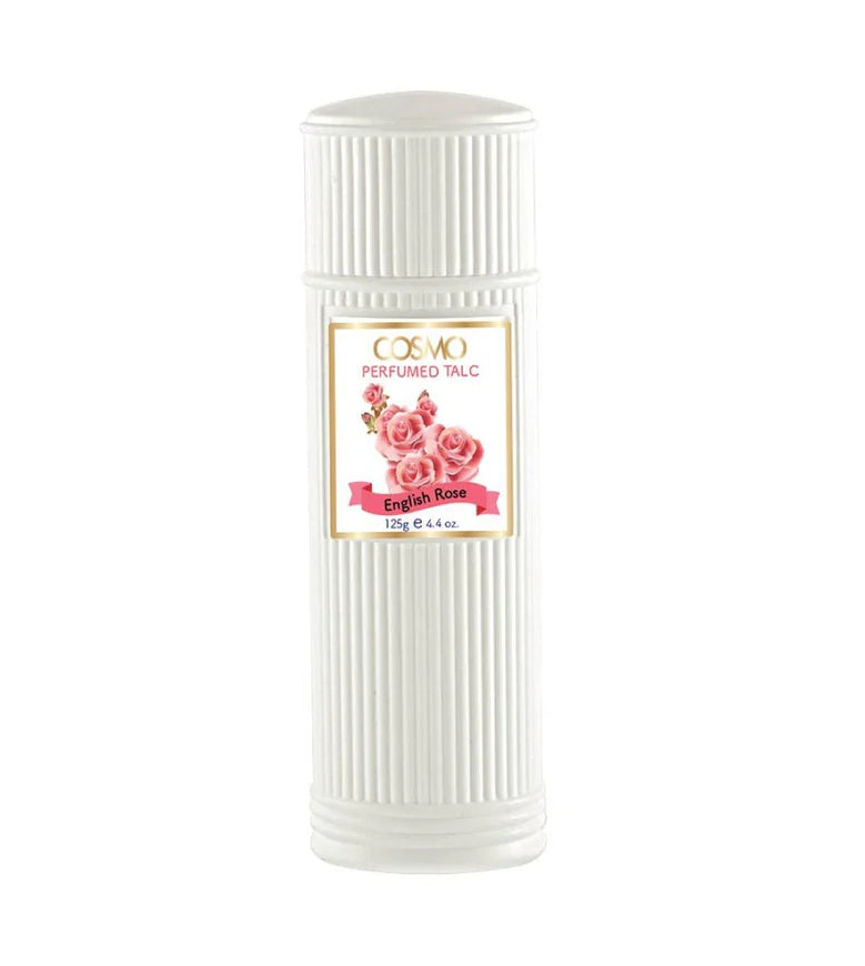 Cosmo Perfumed Talcum Powder with English Rose fragrance on a white background